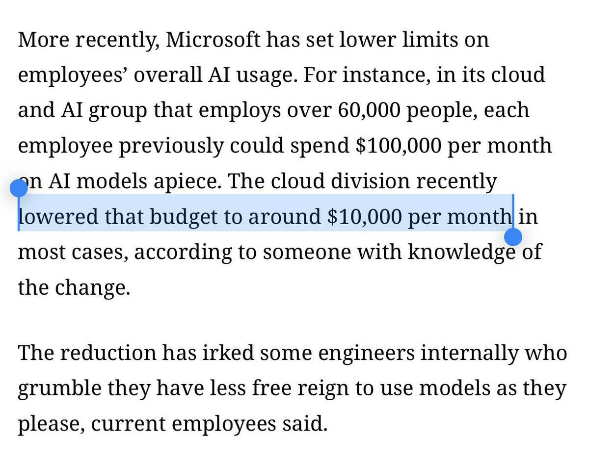 ns123abc's tweet photo. 🚨BREAKING: Microsoft and META are aggressively cutting employee use of Claude ahead of Anthropic's IPO

Microsoft has cut internal claude spend by more than 33%, nuked per-employee token budget from $100k/month to $10k/month, and forced Copilot to auto-route to cheaper models

META used Claude code to build Muse, then cut active users from 60,000 to 30,000 (50% decline) after launch, and replaced it with Muse Code 

Palantir and Nvidia are also scaling back claude over soaring prices and data privacy fears

it’s OVER…