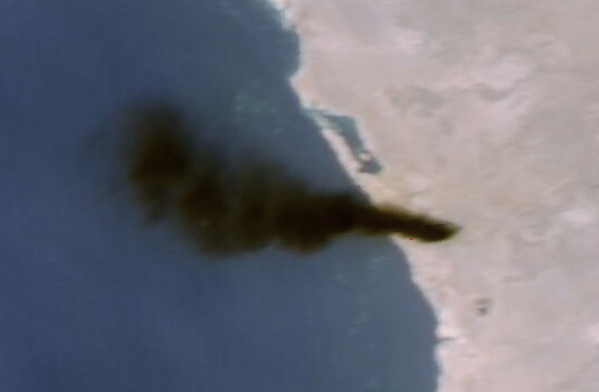 HormuzLetter's tweet photo. BREAKING: Yemen's Houthis appear to have struck the Saudi Aramco oil refinery at Rabigh on Saudi Arabia's Red Sea coast, with new satellite imagery today showing a black smoke plume roughly 80 km trailing away from the site and the fire centred on the oil storage tanks and pressurised storage vessels.

NASA FIRMS recorded a fire radiative power of 126 megawatts at the refinery, with a reading of 367 Kelvin, the ceiling the sensor can register, meaning the fire is hotter than the data shows. 

It is the first strike on the 400,000 barrels per day refinery since March 2022.