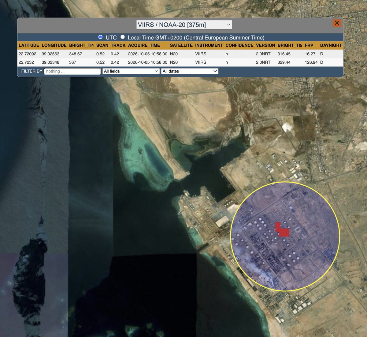 HormuzLetter's tweet photo. BREAKING: Yemen's Houthis appear to have struck the Saudi Aramco oil refinery at Rabigh on Saudi Arabia's Red Sea coast, with new satellite imagery today showing a black smoke plume roughly 80 km trailing away from the site and the fire centred on the oil storage tanks and pressurised storage vessels.

NASA FIRMS recorded a fire radiative power of 126 megawatts at the refinery, with a reading of 367 Kelvin, the ceiling the sensor can register, meaning the fire is hotter than the data shows. 

It is the first strike on the 400,000 barrels per day refinery since March 2022.
