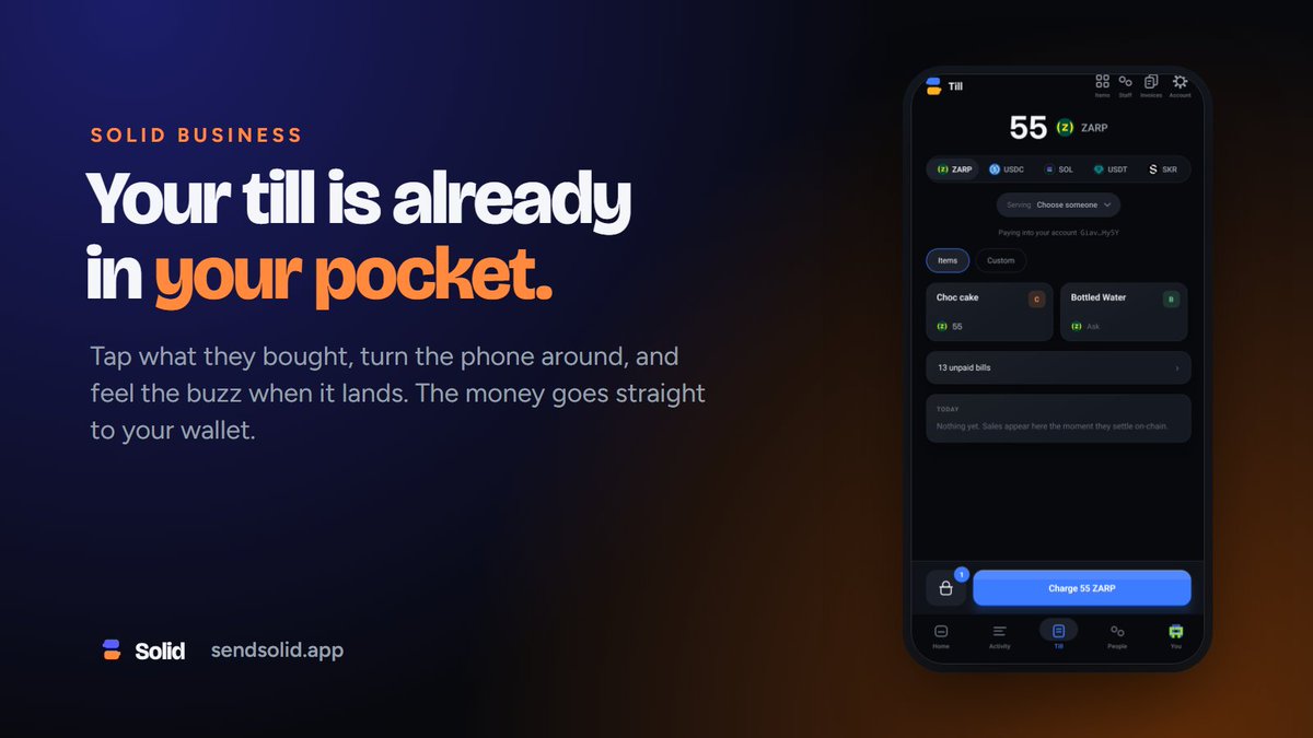 sendwithsolid's tweet photo. Your till is already in your pocket.

Tap what they bought, turn the phone around, and feel the buzz when it lands. They scan a code, tap a link or tap phones. The money goes straight to your wallet, never through ours. https://t.co/TIpJMOHuw9

#solana #seeker #merchants https://t.co/YGPqVOPrif