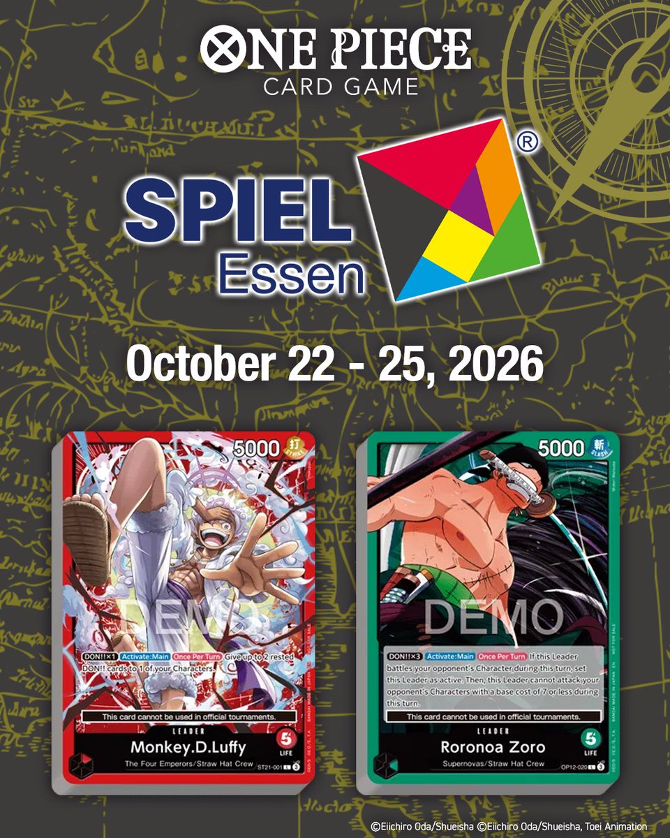 TCGOP_Alert's tweet photo. Get ready for OPCG at Spiel Essen 2026! Try ONE PIECE Card Game demos, buy merch, enter giveaways &amp; more. We can't wait to see you there! Check the official site for full details. CardGame #OnePiece #OnePieceCardGame https://t.co/KHPLiso57G