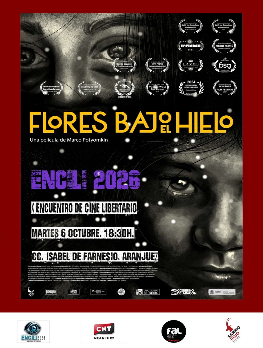 CNTAranjuez's tweet photo. ➡️ El martes 6 de Oct, 18:30,🎥 _*FLORES BAJO EL HIELO* se podrá ver en el Centro Cultural Isabel de Farnesio de Aranjuez (Madrid).
Tras la proyección habrá un coloquio con el director y con Rosa García Alcón, militante antifranquista de La Comuna y protagonista de la película. https://t.co/yapiRX6aEV