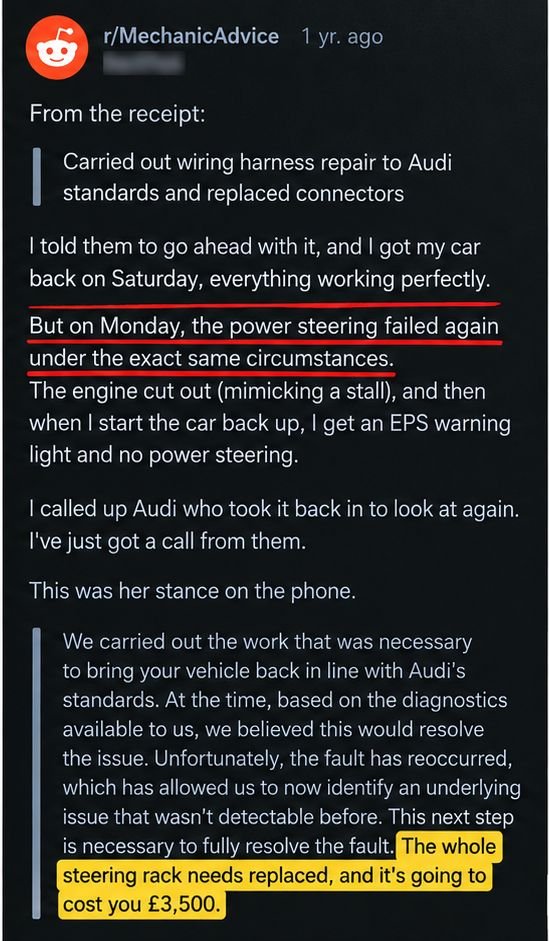 QARAutomotive's tweet photo. A driver paid £900 for a repair.
Two days later, the same problem came back.
The next proposed repair was another £3,500.
In the comments under this story on Reddit, someone asked a very simple question:
Were photos taken of the original fault before the repair? https://t.co/X3XkGm7bOA
