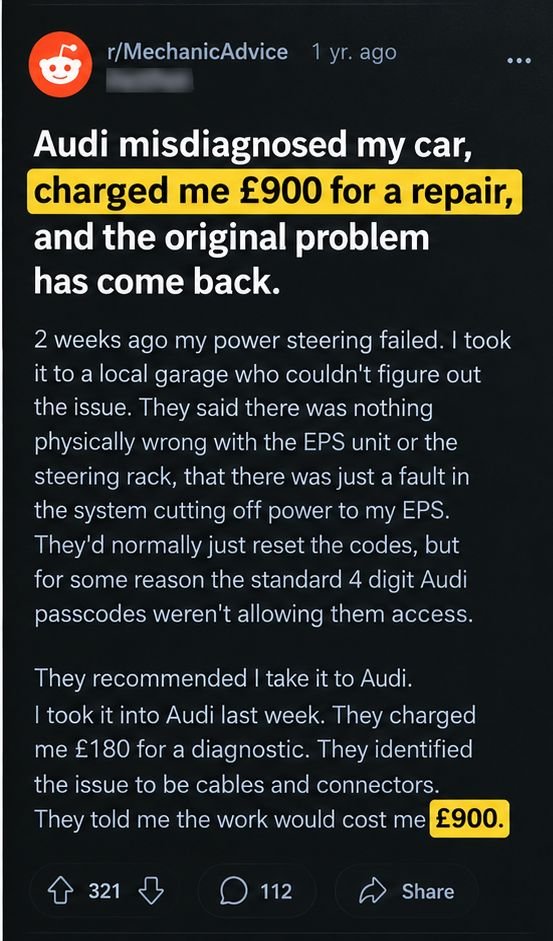 QARAutomotive's tweet photo. A driver paid £900 for a repair.
Two days later, the same problem came back.
The next proposed repair was another £3,500.
In the comments under this story on Reddit, someone asked a very simple question:
Were photos taken of the original fault before the repair? https://t.co/X3XkGm7bOA