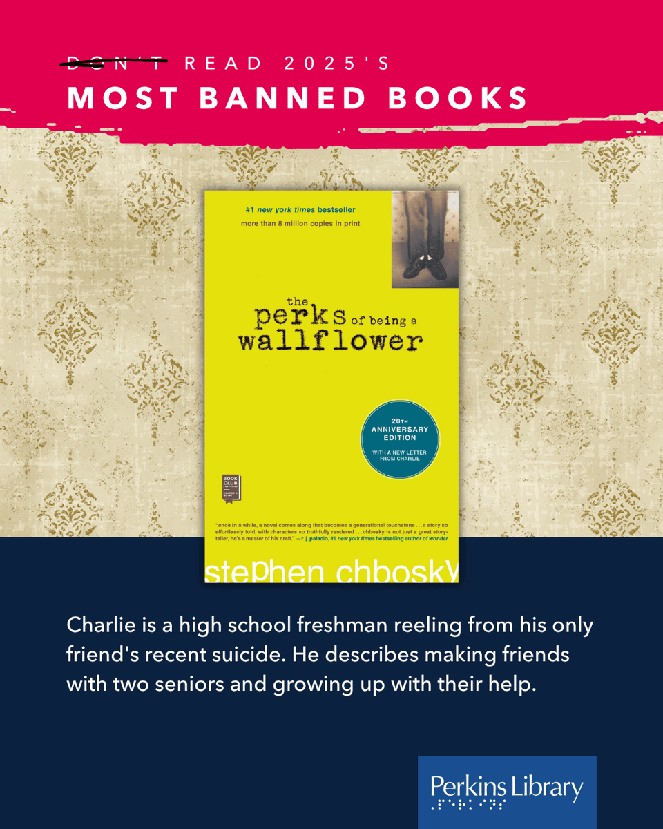PerkinsLibrary's tweet photo. Based on data from the American Library Association, unfortunately, documentation of challenged books rose to 4,235 titles in 2025, the second highest number ever recorded. 📈 #BannedBooksWeek

Check out and read 2025's most banned books by reaching out to Perkins Library. https://t.co/O23vwa9yM8