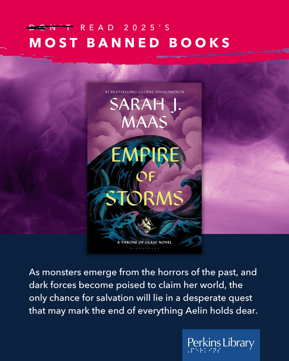 PerkinsLibrary's tweet photo. Based on data from the American Library Association, unfortunately, documentation of challenged books rose to 4,235 titles in 2025, the second highest number ever recorded. 📈 #BannedBooksWeek

Check out and read 2025's most banned books by reaching out to Perkins Library. https://t.co/O23vwa9yM8
