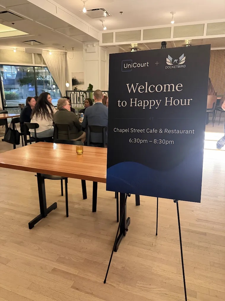 UniCourtInc's tweet photo. A big thank you to everyone who stopped by our Happy Hour with Docketbird last night! It was a great time filled with great conversation, networking, and fun. If you haven't yet, be sure to visit UniCourt at #NDA2026 to learn how you can transform the industry's most comprehensive court dataset into actionable intelligence: https://t.co/aiFkGEDDoa