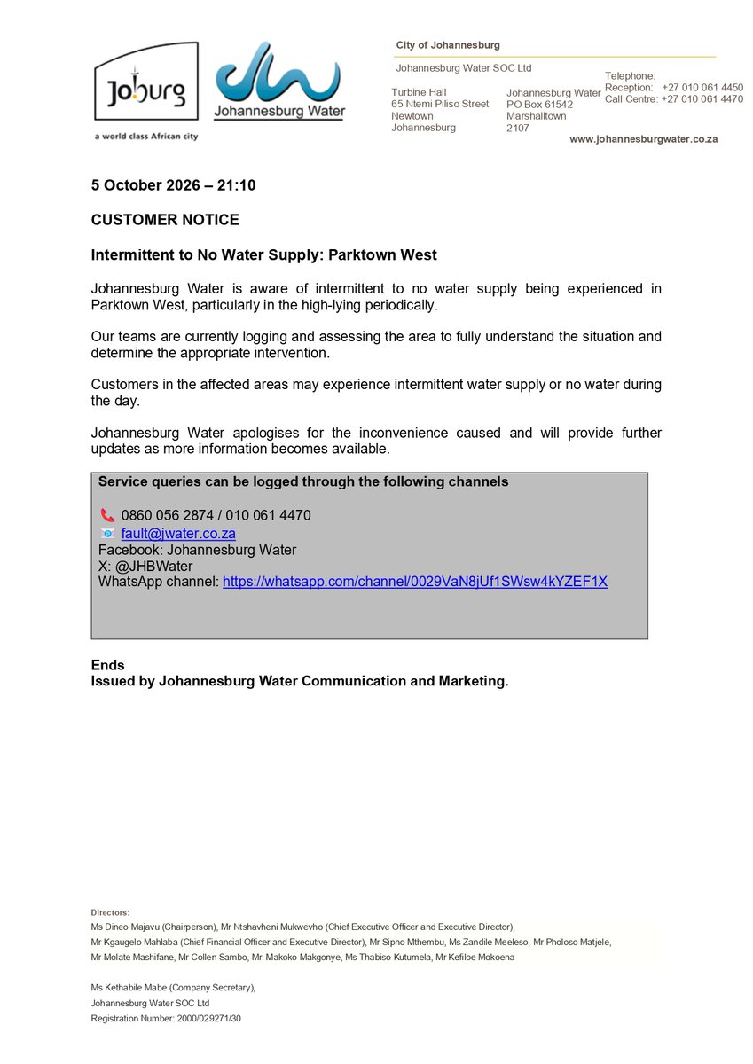 Official Johannesburg Water notice