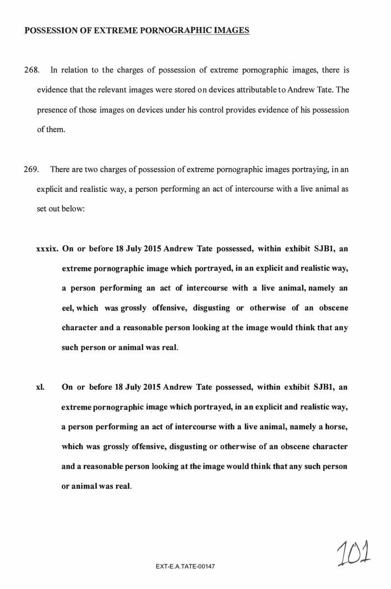 CrayonMurders's tweet photo. 🚨🇺🇸 Andrew and Tristan Tate’s extradition package has been published.

There are allegations of “possession of extreme pornography” where prosecutors allege there was evidence on Andrew’s device depicting intercourse with a horse and an eel. 

One of the indecent images of a child allegations claims Andrew and an adult female are in a sexualized video with a female child.

Another alleges he was selling sexual content of her on WhatsApp and she was working on webcam.