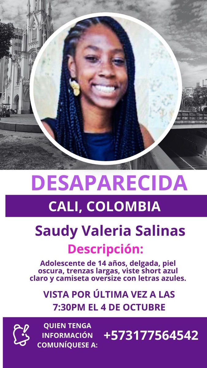 SomosJacarandas's tweet photo. Buscamos a Saudy Valeria en Cali. Por favor difundir. https://t.co/wQZ4w5DL88