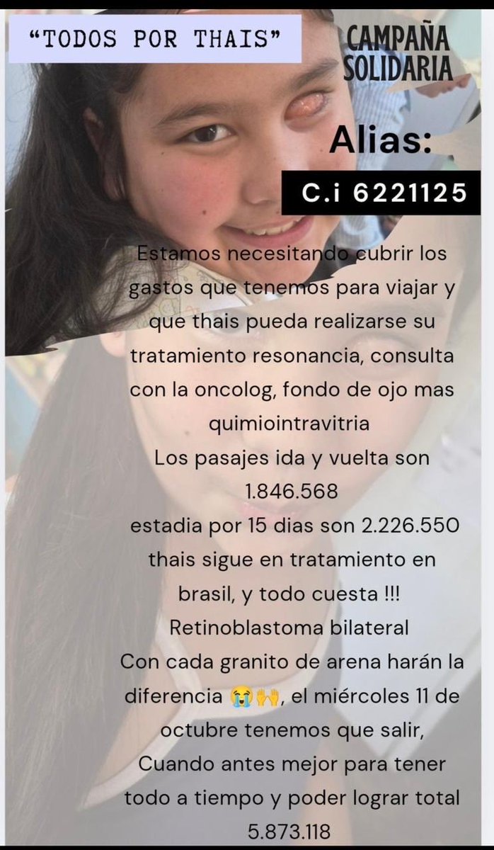 SolAracelyCant1's tweet photo. Apenas 650mil tengo gente me iré por 15 días 💔😞 no es nada lo que tengo xfavor necesito la ayuda de ustedes para poder llevarle a Thais y se feliz e su resonancia quimiointravitrea con fondo de ojo xfavor estoy a 6 Días 😭😭😭😭😭 https://t.co/zffTQ1QPK9