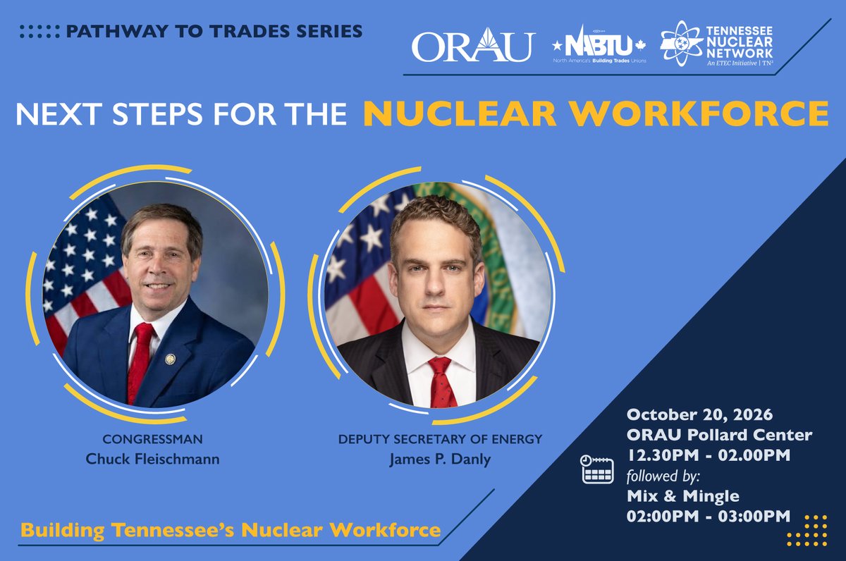 orau's tweet photo. ORAU will welcome James P. Danly, U.S. Deputy Secretary of Energy, and Congressman Chuck Fleischmann to Pollard Center for the Next Steps for the Nuclear Workforce event on Tuesday, Oct. 20. More information and a registration link are coming soon! https://t.co/IZUMmEv1oX