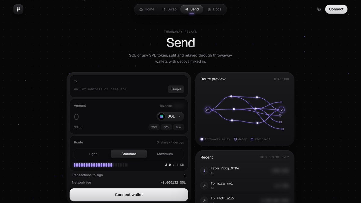 PrismRoute's tweet photo. Prism routes your swaps and sends through a burst of throwaway relays and decoys, all packed into one transaction you sign. https://t.co/cqvSWUwcNo