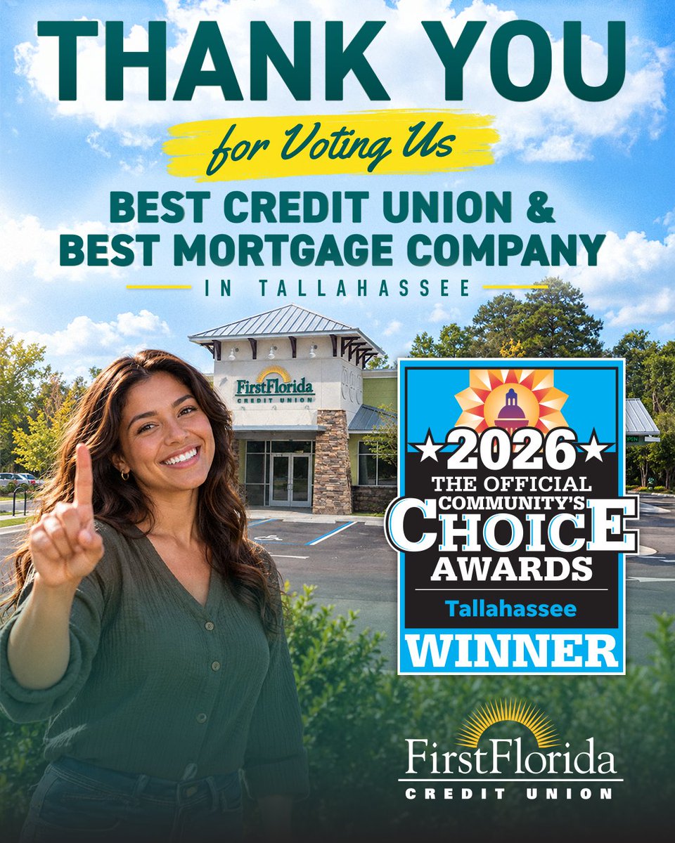 FirstFloridaCU's tweet photo. 🗣️🏆Did you see the news?? We are honored to once again be named your Community's Choice for #Best Credit Union &amp; Mortgage Company for 2026!

Thank you, #Tallahassee, for voting and trusting us to serve you. 💚

#FFCUinTLH #FFCUcares #Winner 
#BestCreditUnion #BestMortgageCo https://t.co/Vgzr8HBpTc