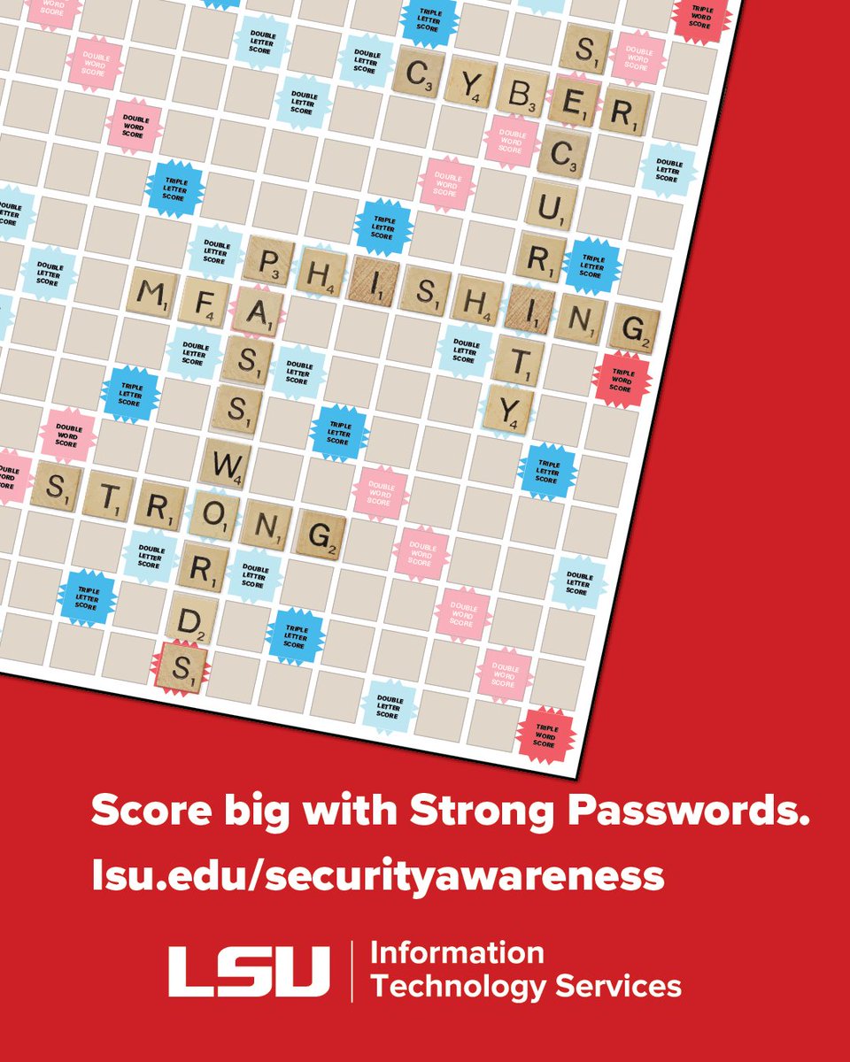 LSUITS's tweet photo. #BeCyberSmart:
Score big with strong passwords +passkeys. Visit https://t.co/1PN7al8VHS to learn more.
#LSU #LSUITS #CyberSecurityAwarenessMonth2026 #CyberSmart #CyberSecurity #InternetSecurity #Passwords #PasswordSafety #TechTip https://t.co/TZJhsNoTYW
