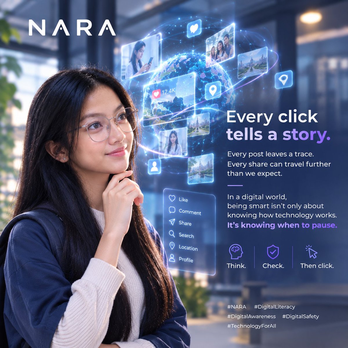 naracheers's tweet photo. Every click tells a story.

Every post leaves a trace.

Every share can travel further
than we expect.

In a digital world,
being smart isn't only about
knowing how technology works.

It's knowing when to pause.

Think.
Check.
Then click.

#NARA #DigitalLiteracy #DigitalAwareness https://t.co/V5VEhmqjkR