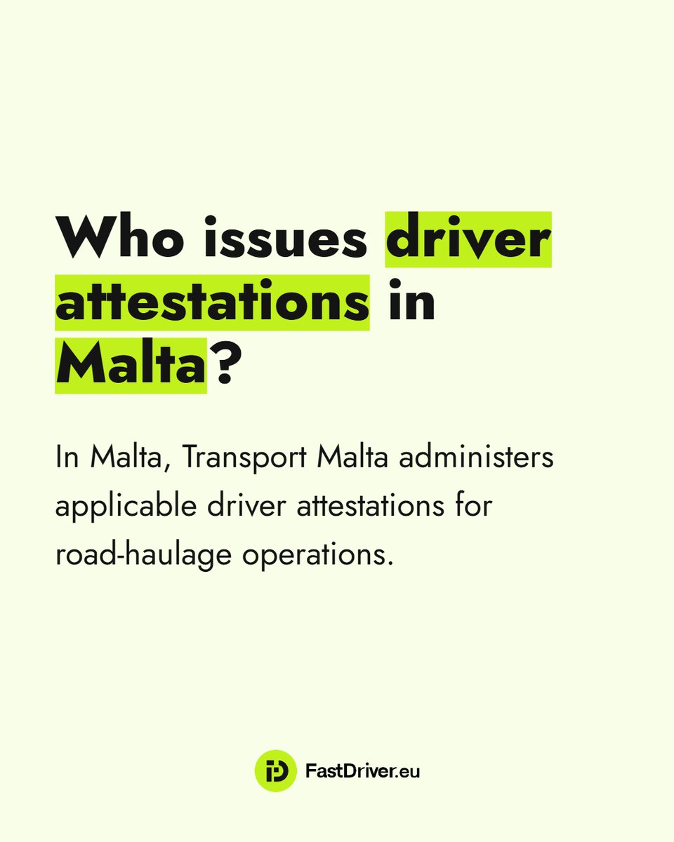 FastDriverEU's tweet photo. Who issues driver attestations in Malta?
In Malta, Transport Malta administers applicable driver attestations for qualifying road-haulage operations involving non-EU drivers.
Read more: https://t.co/gfuCaSd6Rq
#TruckDriver #Malta #DriverAttestation #TransportMalta #NonEUDriver https://t.co/T0MdNhGib0