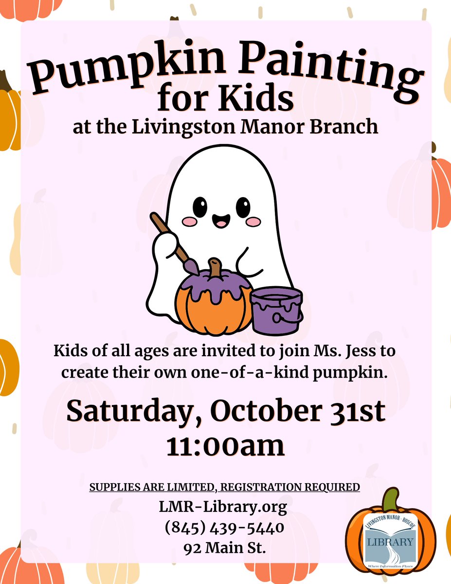 LMR_Library's tweet photo. Kids of all ages are invited to join Ms. Jess for a fun-filled pumpkin painting adventure! Each participant will create their own one-of-a-kind pumpkin.

To ensure enough pumpkins are available, registration is required by 10/24: 
https://t.co/QmCGVuYjFo https://t.co/M5zsJ2x2Vm