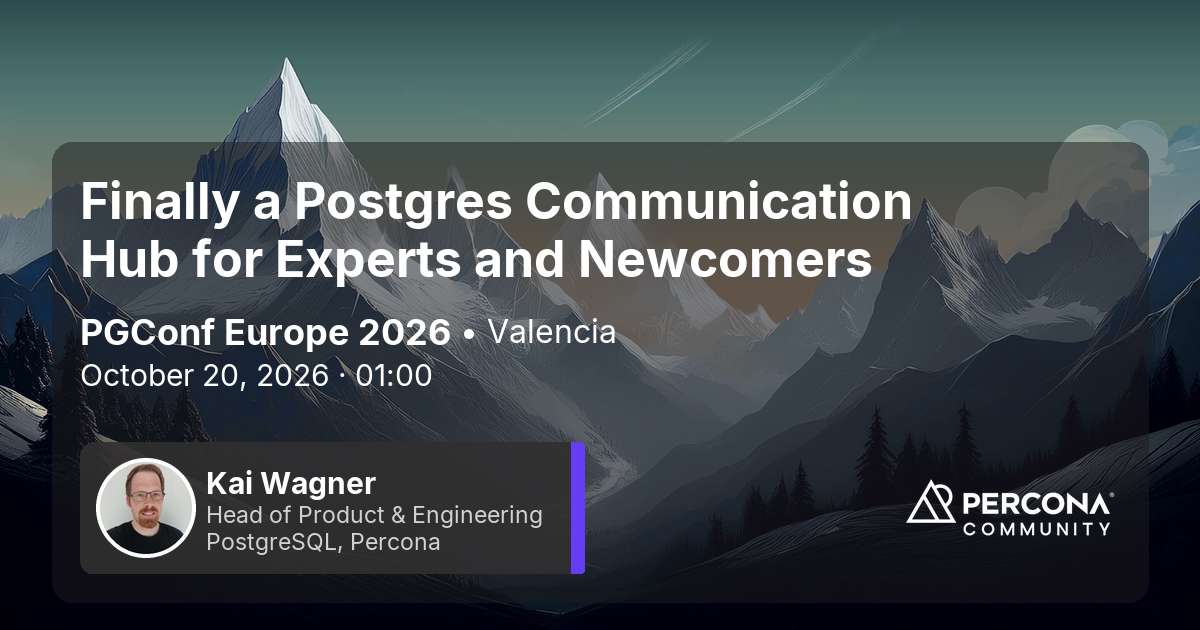 Percona's tweet photo. Percona is heading to @postgresleu #PGConfEU in Valencia. ๐
From Postgres internals and HA to migrations and Kubernetes, Perconians will share what theyโve learned in the real world.
๐
Oct. 20โ23
https://t.co/s1NiqFdgdn
#PostgreSQL #Postgres #OpenSource #Databases https://t.co/DuZsAL7vav