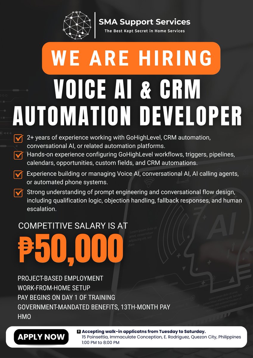 careersatsma_'s tweet photo. 🤖 WE'RE HIRING | Voice AI &amp; CRM Automation Developer 🚀Build your career with SMA Support Services.
📩 Interested? Apply here:
https:https://t.co/LbYOlPfQ90

#HiringPH #WorkFromHome #AIDeveloper #CRMAutomation #SMASupportServices https://t.co/sjg6CMgqby