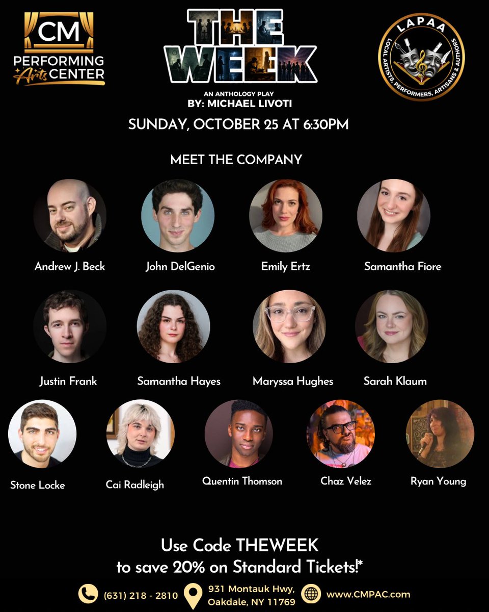 cmpac's tweet photo. Announcing the full Company and Team of THE WEEK, an anthology play by Michael Livoti, presented at CM Performing Arts on Sunday, October 25 at 6:30PM

Buy your tickets now with the code THEWEEK to save 20% on Standard Tickets!*

https://t.co/NWQIaB3YAd https://t.co/nQ1EVz0n6F