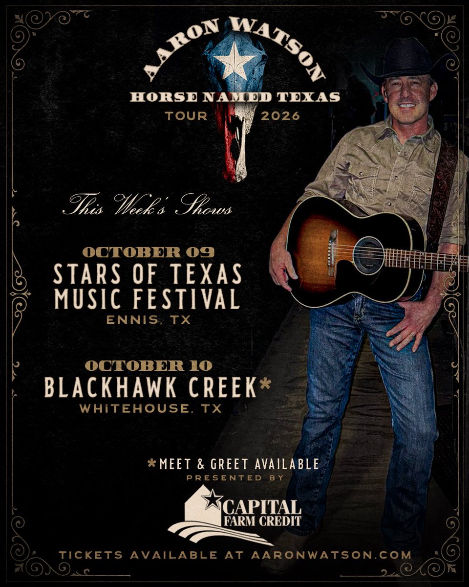 aaron_watson's tweet photo. THIS WEEK! Looking forward to seeing y’all and playing some great shows in TEXAS!!

OCT 09 | ENNIS, TX | Stars of Texas Country Music Festival 

OCT 10 | WHITEHOUSE, TX | Blackhawk Creek Grill W/ Jake Watson

Tickets: https://t.co/vIWf7uZ5LN https://t.co/e5EesuaObh