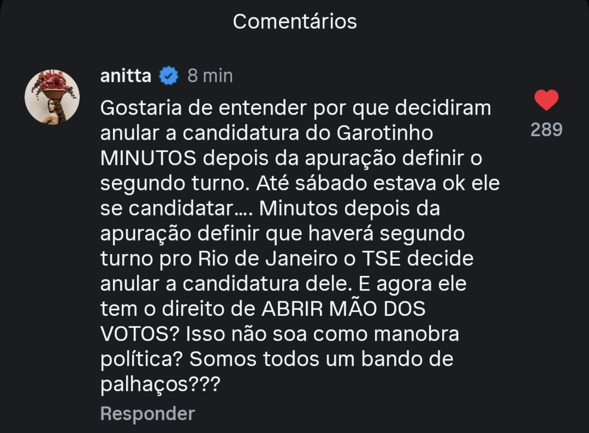 AnittaNoGrupoBR's tweet photo. O TSE apagou o comentário feito por Anitta https://t.co/6dOWqXGVN7