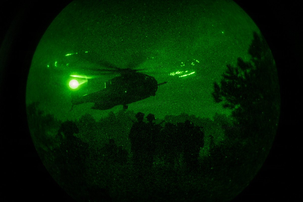 DeptofWar's tweet photo. @26MEU Marines conduct night raid rehearsals at Camp Lejeune, N.C., moving from a CH-53K King Stallion aerial insertion to clearing their objective under limited visibility. https://t.co/yEIrrBZUoN