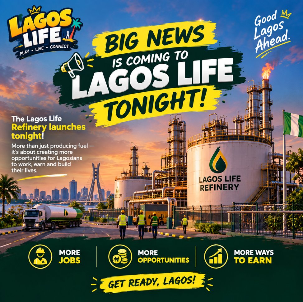 LagosLifeApp's tweet photo. The Lagos Life Refinery launches tonight!

More than a new landmark: it means more jobs, more opportunities, and more ways for Lagosians to hustle and earn. 💼💰

Stay Tuned!👀

#LagosLife #LagosLifeGame #Lagos https://t.co/urmnwNQa5h