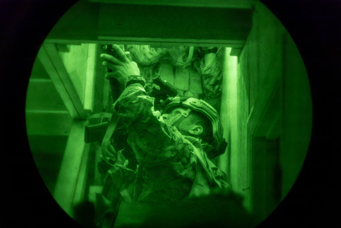 DeptofWar's tweet photo. @26MEU Marines conduct night raid rehearsals at Camp Lejeune, N.C., moving from a CH-53K King Stallion aerial insertion to clearing their objective under limited visibility. https://t.co/yEIrrBZUoN