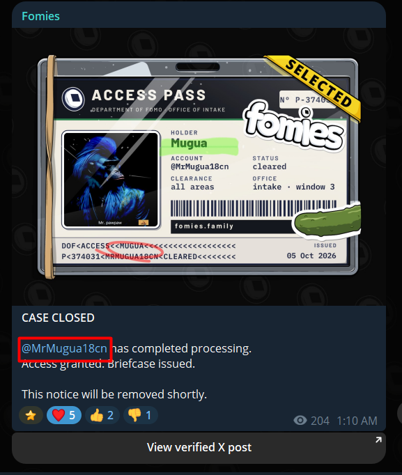 TheWatchers07's tweet photo. Something about the recent Fomies access passes feels confusing.

People have been posting bullish threads, creating art, supporting Fomies since Sep 24/25, and consistently showing up.

Yet some of the accounts getting access seem to have barely posted about Fomies before.

The latest example has 289 followers and only 2 Fomies posts, both after receiving the access pass.

Not saying they don’t deserve it. I’m just wondering what criteria @FomiesNFT is using to select people.

Would love to understand how the selection actually works.

#Fomies