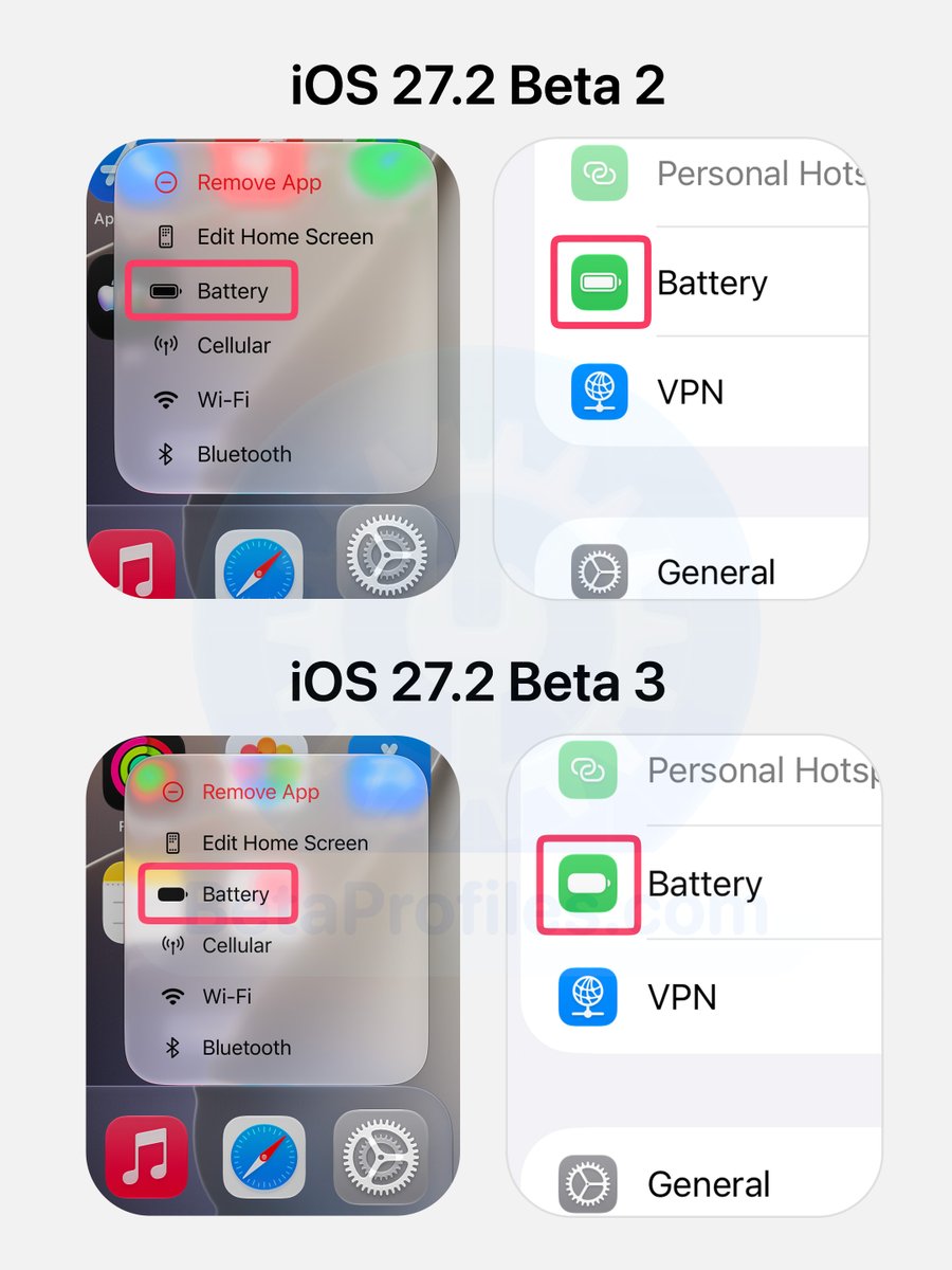 BetaProfiles's tweet photo. iOS 27.2 Beta 3 has updated the battery icon in Settings. https://t.co/l97VafVHcx