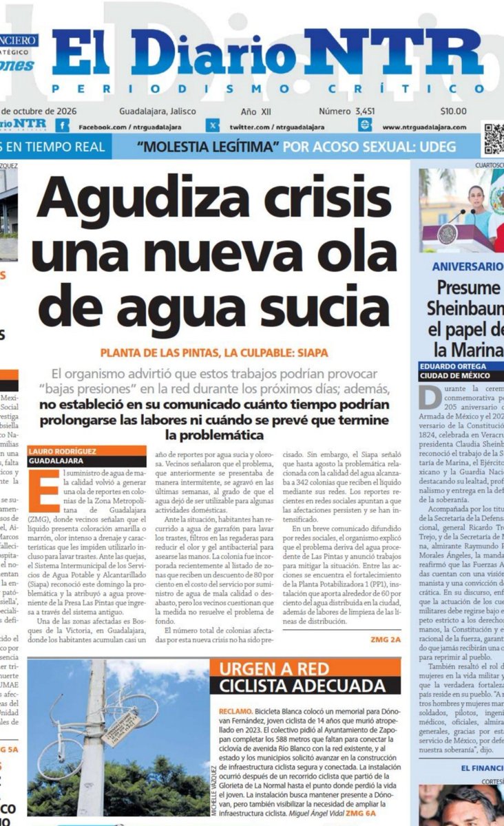 jcrtoral's tweet photo. Ante una nueva oleada de agua contaminada en Guadalajara, crisis reconocida por @siapagdl pero que casi ningún periódico publicó como principal (excepto @NTRGuadalajara), ya convocan a dos manifestaciones. Una hoy a las 5:00 PM y otra el domingo 11
👇👇👇 https://t.co/yzlU1oK8Vx