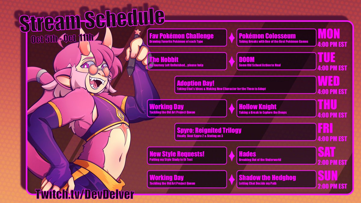 DevDelver's tweet photo. ✦Weekly Stream Schedule✦
Packed schedule this week, with plenty of art &amp; games to come! So come hang out &amp; enjoy the ride.

[ #Twitch ✦ #PNGTuber ✦ #ArtStream ] https://t.co/tBJm9Yvyzb