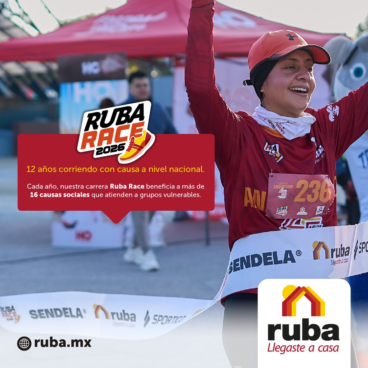 CasasRuba's tweet photo. 🏁 Ruba Race: la carrera que va más allá de la meta.​

Con 12 años de historia, se realiza en distintas ciudades de México y cada año beneficia a más de 16 causas sociales.​

Porque cuando nos unimos, cada paso puede convertirse en apoyo para quienes más lo necesitan. 🤝🏻✨​

#LlegasteACasa🏡