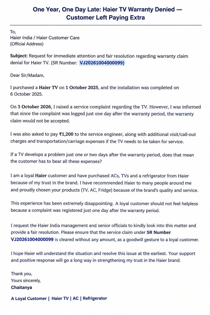 ChaitanyaTricks's tweet photo. "One Year, One Day Late: Haier TV Warranty Denied—Customer Left Paying Extra" @HaierOfficial @HaierCompany,#TeluguState #CustomerExperience https://t.co/3z2tlWoWNF