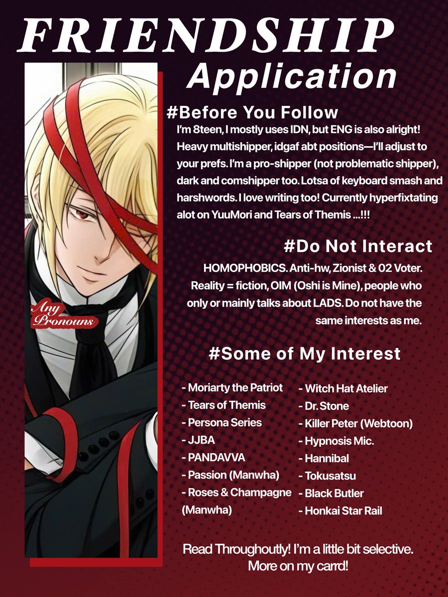 ihrsonne's tweet photo. 🔄&amp;❤️ are very appreciated! 

In dire need of me desperately seeking for mutuals, dearest #yuumoritwt #mtptwt #anitwt #tottwt #hsrtwt #manwhatwt and #unlabeledtwt, please befriend me!!!! 

Also read my carrd first before commenting :]

WNI are very welcomed juga guys https://t.co/vEXOCYXiTX