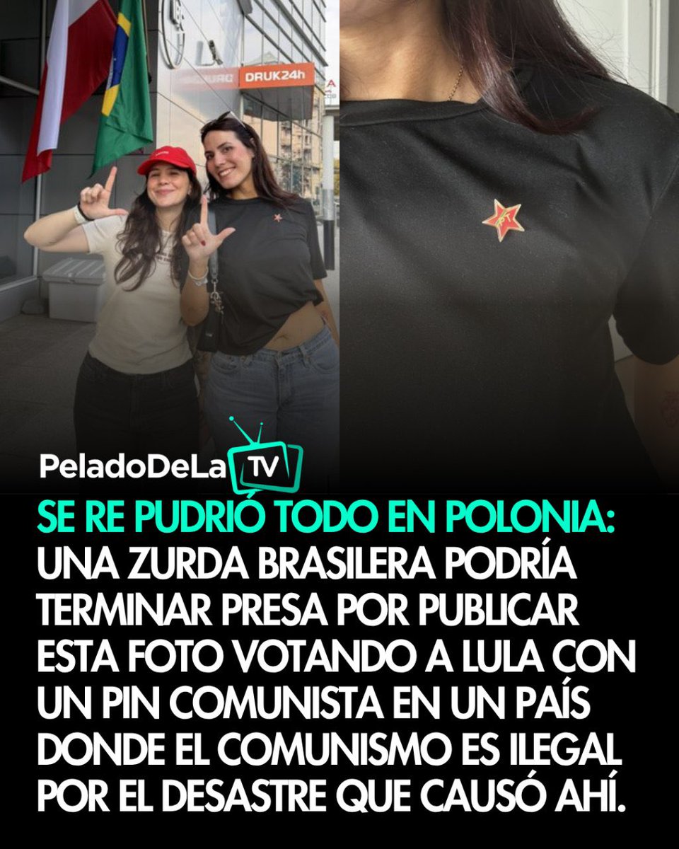 peladodelatv's tweet photo. 🔴 SE RE PUDRIÓ TODO EN POLONIA

Una zurda de Lula subió una foto con un pin comunista y ahora la están buscando para meterla presa porque el comunismo es ilegal en Polonia https://t.co/DP4thhIqJT