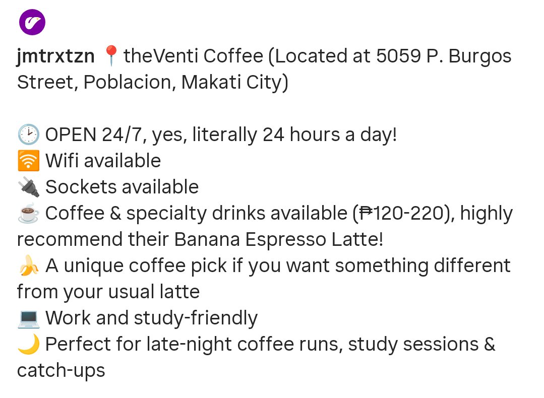 meiji05725's tweet photo. MAYs, ADD THIS TO YOUR THE VENTI LIST! 👀💜✨

📍 POBLACION, MAKATI
⏰ OPEN 24/7!!!

Another must-visit branch for your Jihoon x The Venti adventures! 🤭💜
Whether it's a late-night Jihoon craving or an early morning coffee run… THE VENTI GOT YOU!

🔗 IG: @theventi_ph 
#PARKJIHOON #박지훈
