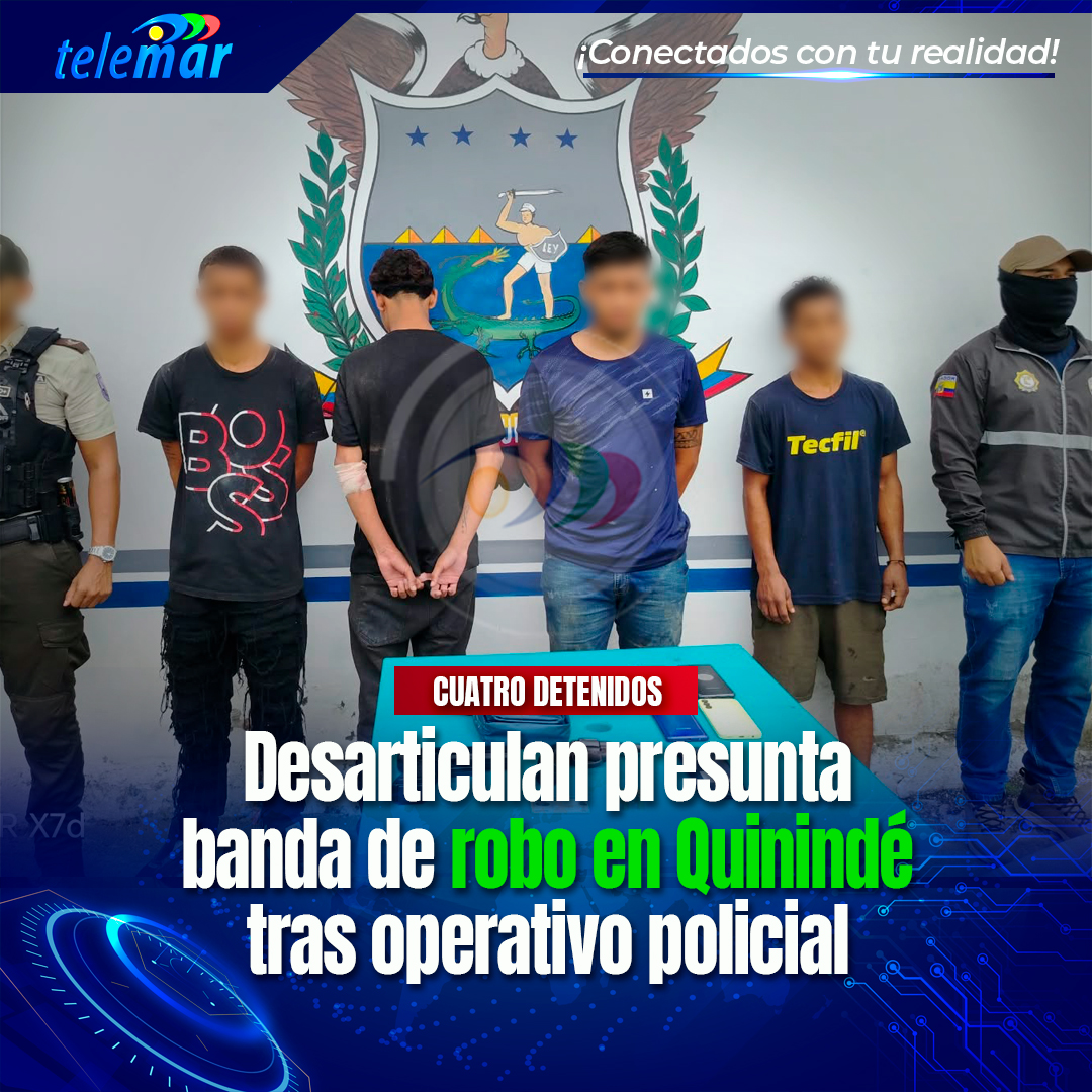 Telemartv23's tweet photo. 🚨#Esmeraldas |  La Policía Nacional desarticuló una banda de robo a personas en Quinindé, Esmeraldas, mediante el operativo Cero Impunidad 32668. Hay cuatro detenidos.

👉🅻🅾️🆂 🅳🅴🆃🅰️🅻🅻🅴🆂: 🔗 https://t.co/Kj1EEf2k4h

#Esmeraldas 🚨 #Quinindé 🚔 #NoticiasEcuador 🇪🇨 https://t.co/52cqhsiuE8