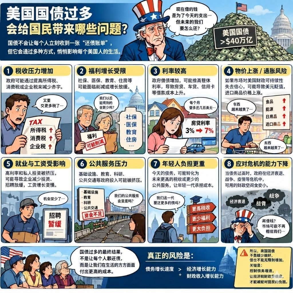 scdyzc's tweet photo. 国债过多会给国民造成那些问题？根据当前美国财政部的最新数据，美国联邦政府债务总额在 2026年已正式突破 40 万亿美元 大关。 https://t.co/ZUvzNR6JEd