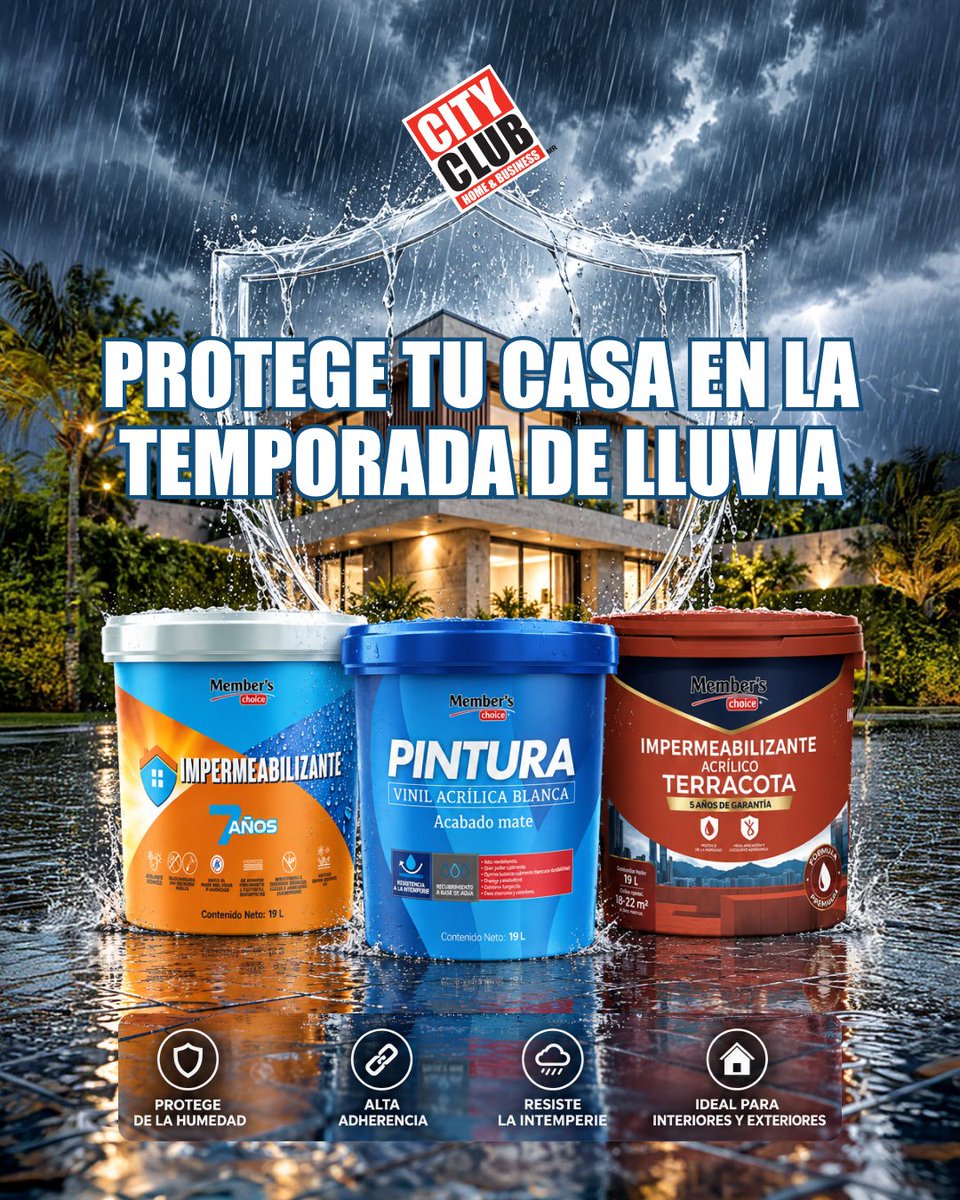 CityClubmx's tweet photo. Antes que las lluvias te agarren desprevenido o las goteras hagan de las suyas, dale el mantenimiento que tu hogar necesita en esta temporada. 🏠☔️ Protege tus techos y paredes en City Club con el impermeabilizante Member's Choice y la pintura vinílica. 🖌️

#CityClub #Clubdeprecios #Temporadadelluvia #Impermeabilizantes #Promociones