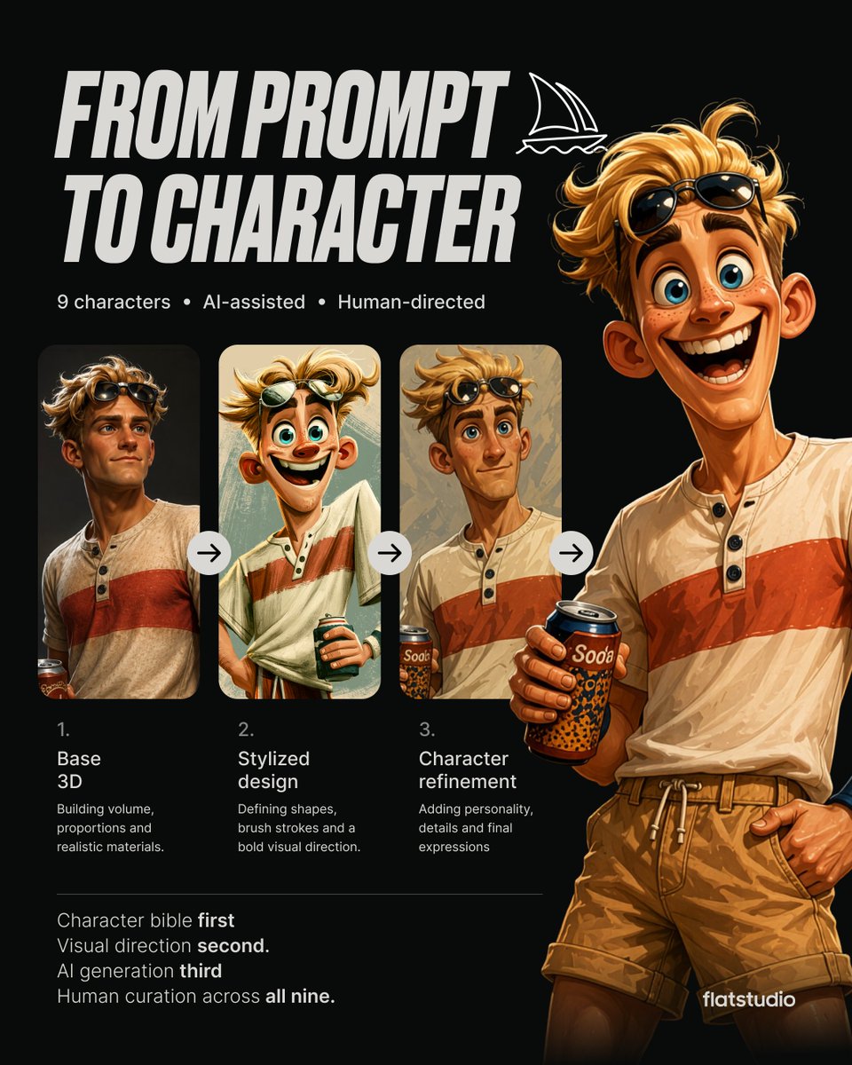 flatstudio_'s tweet photo. Nine characters in under three weeks.

Not by skipping design thinking.
By front-loading it.
Character bible first — personality, voice,
signature objects, relationships.
Visual direction second.
AI generation third.
Human curation across all nine.

The AI accelerates production.
The studio directs what gets made.

#CharacterDesign #AIDesign #Flatstudio