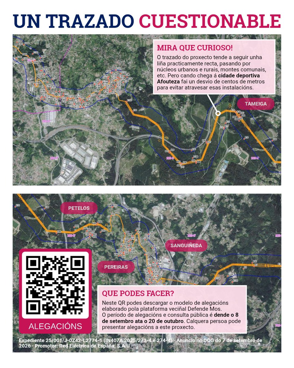 bngdemos's tweet photo. ⚠️ A LIÑA DE ALTA TENSIÓN: UNA AMEAZA PARA MOS

Dende o BNG puxemos en marcha unha campaña informativa sobre a liña eléctrica de 220 kV que atravesará Sanguiñeda, Pereiras, Petelos e Tameiga. 

📢 Animamos a toda a veciñanza a presentar alegacións. Prazo: do 8 ao 20 de outubro. https://t.co/60DWBbNju7