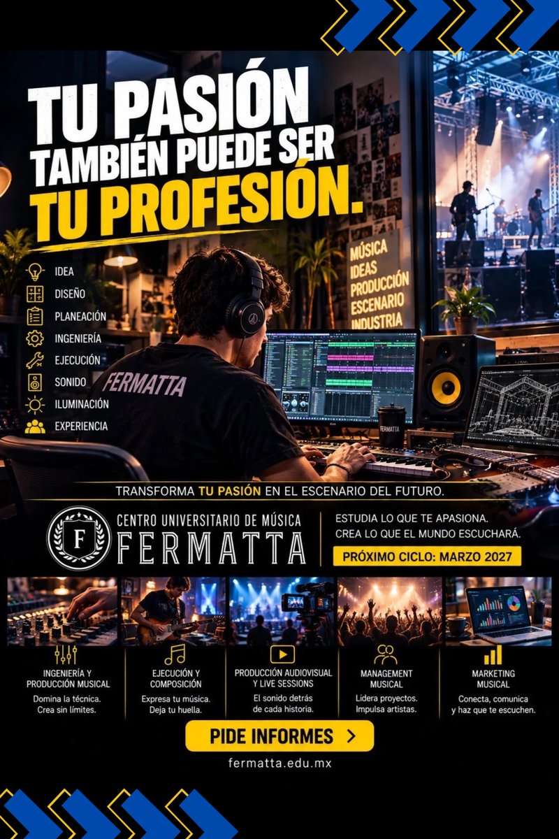 Fermatta's tweet photo. TU PASIÓN TAMBIÉN PUEDE SER TU PROFESIÓN.

No sueñes con vivir de la música… prepárate para hacerlo realidad. 🎧🎸🎤🎬
📅 Próximo ciclo: MARZO 2027

ESTUDIA LO QUE TE APASIONA. CREA LO QUE EL MUNDO ESCUCHARÁ.

📲 Solicita información por WhatsApp:
https://t.co/kR6YsjSI4b
🌐 Más información:
https://t.co/jDBUiNqRsv

Tu futuro no se improvisa. Se construye. Y empieza en Fermatta. 🚀🎶
#Fermatta #GeneracionMundial2026 #NoVeasElMundialProducelo #ProduccionMusical #AudioEnVivo #ProduccionAudiovisual #ManagementMusical #MarketingMusical #IndustriaDelEntretenimiento #UniversidadDeMusica #Septiembre2026 #TuFuturoSuenaAqui #EstudiaEnFermatta #Mundial2026 #MusicaProfesional 🎶⚽🌎