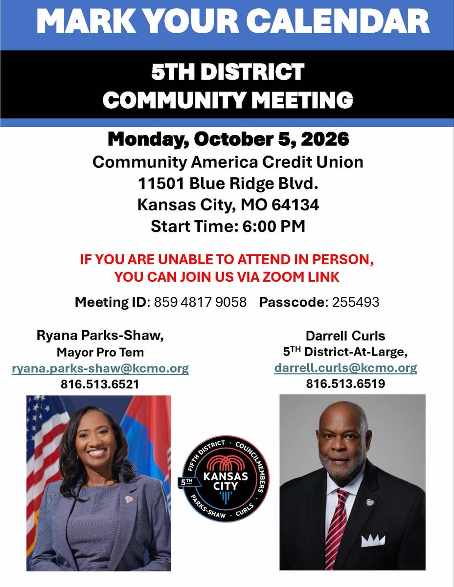 ryanapshaw's tweet photo. 5th District, join us tonight! ��️

Our Community Meeting starts at 6 PM at CommunityAmerica Credit Union, 11501 Blue Ridge Blvd.

Come hear updates, ask questions, and stay connected. Can’t make it in person? Zoom information is on the flyer. https://t.co/zVN9F1XAFT