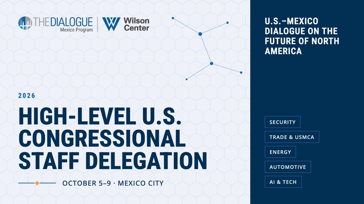 MexicoProgram's tweet photo. 🔵 Today, @The_Dialogue Mexico Program &amp; @TheWilsonCenter kick off a bipartisan congressional staff delegation to Mexico City for high-level meetings on security, trade, energy, autos, AI &amp; #USMCA. Follow along 🇲🇽🇺🇸 https://t.co/KqUfbsPCtp