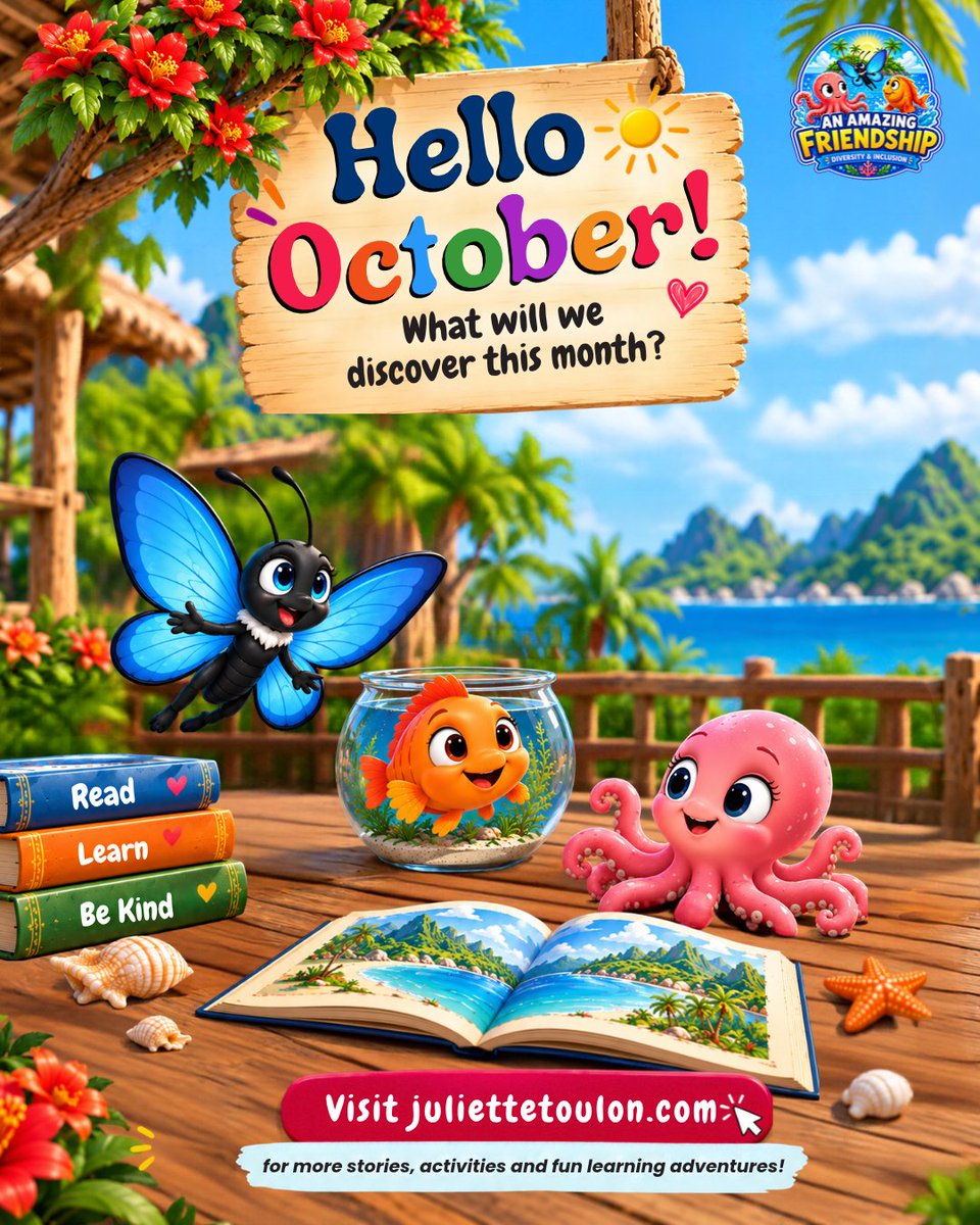 julietteauthor's tweet photo. 🍂 Hello, October! 🦋🐠🐙

Betty, Freddy, and Octavia are ready for another month of friendship, discovery, and fun! 💕🌈

What adventure should they explore next?

📚 Visit https://t.co/DwuHFXrtY8 for more!

#AnAmazingFriendship #KidsBooks #Friendship #Kindness #JulietteToulon https://t.co/ha8CKBI69k