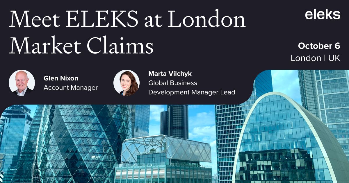 ELEKSSoftware's tweet photo. ELEKS is exhibiting at London Market Claims, 6th Oct, London — Stand E5.

Meet Glen Nixon &amp; Marta Vilchyk to talk AI, data and automation reshaping claims performance and client service.

See you there!

#LondonMarketClaims #Insurance #ELEKS https://t.co/qXCJJr7tXs