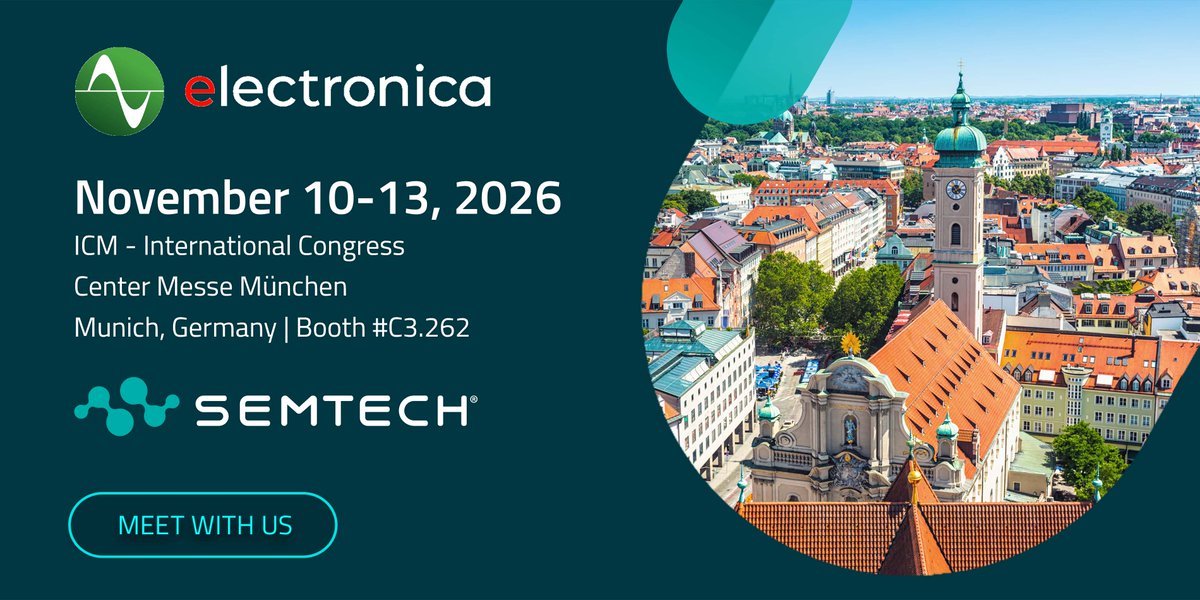 SemtechCorp's tweet photo. Join Semtech at electronica 2026 in Munich, booth #C3.262. Live demos of our PerSe smart sensing and surge-rated protection technology, supporting smart cities, industrial automation and more.
Register now: https://t.co/hxQCEtAflj
#Semtech #Electronica2026 #SmartSensing #IoT https://t.co/gEt41lx5Ju